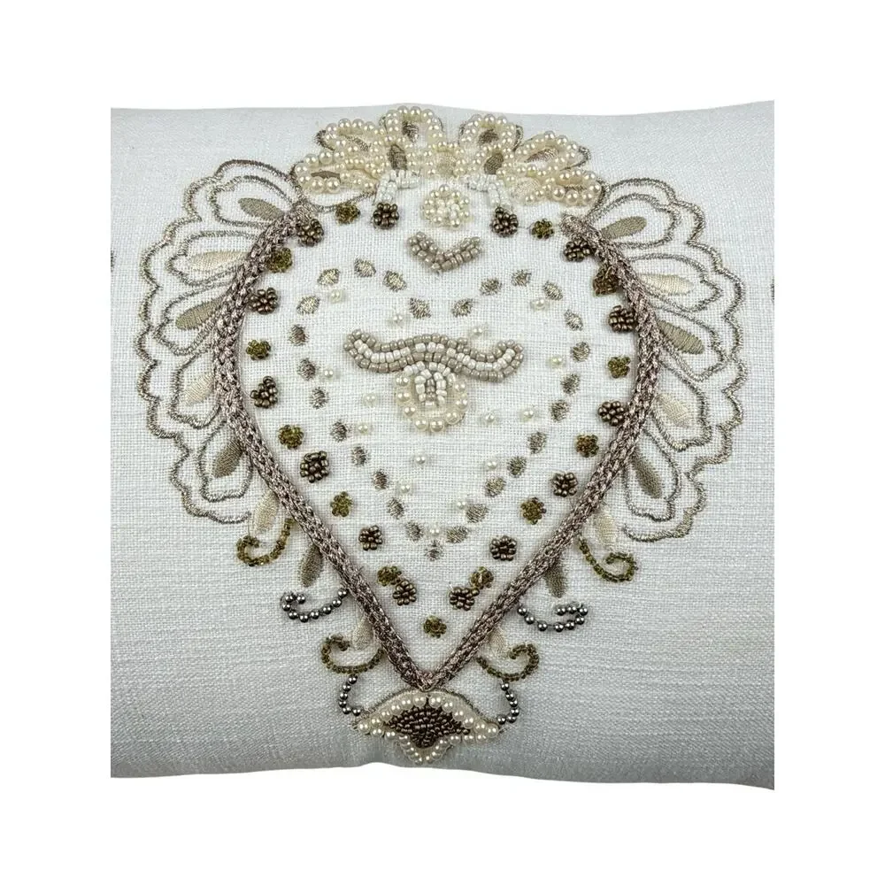 Pier 1 Throw Pillow Rectangular Linen Silk Beaded Pearl Ivory Gold Boho Chic